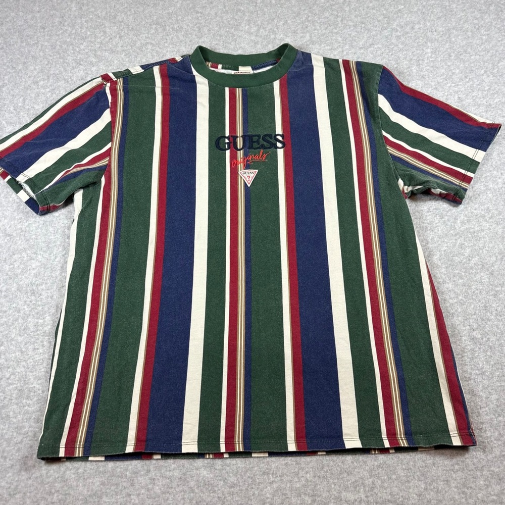 Guess Originals T-Shirt Mens Medium Multicolor Vertical Striped Logo